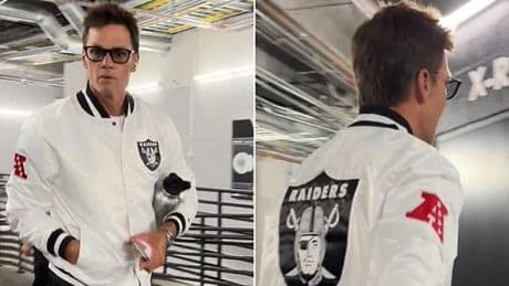 Tom Brady oozes cool in custom Raiders jacket as he watches their preseason game in Las Vegas