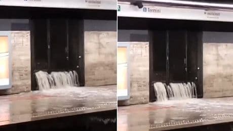 Bomba d'acqua a Roma, pioggia dall'Eur a San Lorenzo. Cascata d'acqua nella metro B a Termini