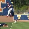 Terrifying moment two players collide into each other at college baseball tournament