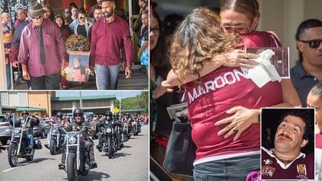 Emotional scenes at footy legend Sam Backo's funeral after his tragic death aged 64 - as mourners learn a surprising fact about the NRL cult hero