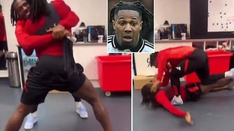 Adama Traore shows off his monstrous strength by FLOORING Calvin Bassey during friendly tussle in the Fulham changing room as fans tell the hulking winger to try UFC