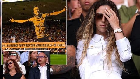 Diogo Jota's emotional widow takes in Wolves' incredible tributes to former Liverpool star as his ex team-mates fight back tears during minute's applause