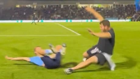 Horror moment Southend star slide-tackled in the HEAD seconds after scoring crucial penalty in National League play-offs
