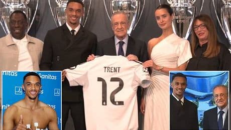 Trent Alexander-Arnold is joined by glamorous girlfriend at Real Madrid unveiling - and shows off his new shirt number AND name after being BANNED from his Liverpool 66