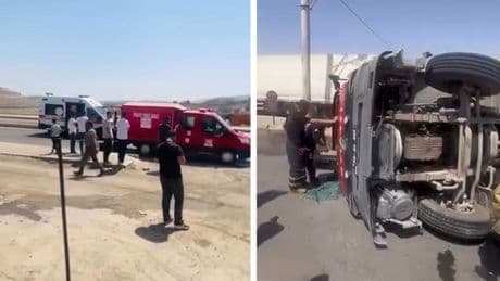 Cizre'de yangın söndürmek için yola çıkan itfaiye aracı devrildi: Beş emekçi yaralandı