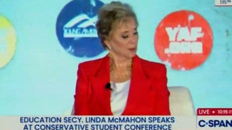 Trump Education Secretary’s speech interrupted with ‘corrupt billionaire’ audio and clown music