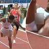 Watch the awkward moment US sprinter has a wardrobe malfunction... but still manages to save first place
