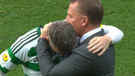 Teary Celtic captain McGregor comforted by Schmeichel & Rodgers after penalty miss
