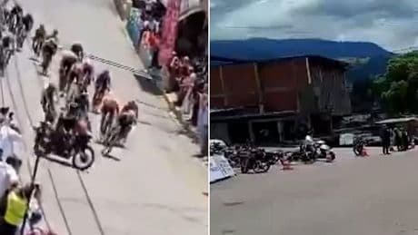 Shocking moment cycle race ends in disaster when police motorcyclist rides across sprint finish, sparking huge crash
