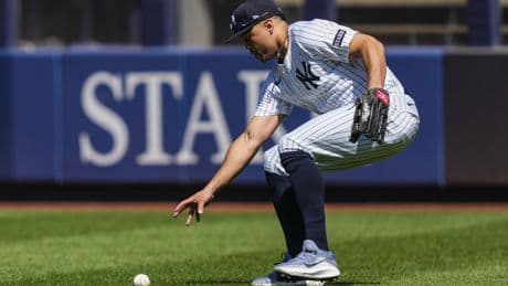 Giancarlo Stanton holds his own during first outfield chance in two years