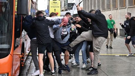 Moment Chelsea & Real Betis fans CLASH in Poland launching bottles & smoke grenades hours before Europa Conference final