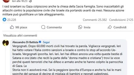 “Dopo 60mila morti hai trovato la parola”: la risposta di Di Battista al post di Meloni su Gaza fa il boom di like