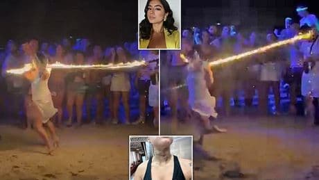 Horrifying moment British woman suffers severe burns after flaming skipping rope 'barbecued her neck' in freak accident during Thai full-moon party