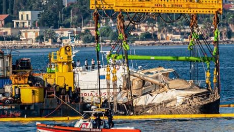 Sunken Bayesian superyacht lifted out of the water off Sicily as salvage operate completes