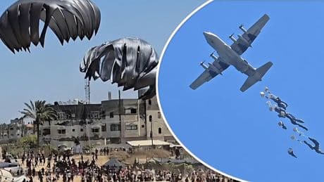 Beelden: Canadees vliegtuig dropt  hulpgoederen boven Gaza