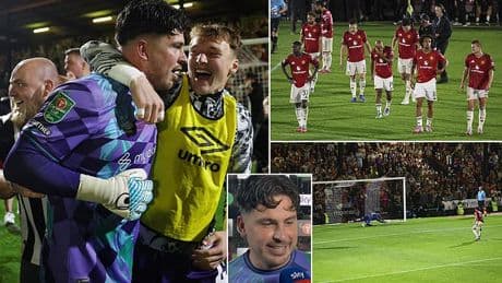 Man United-supporting Grimsby goalkeeper jokes he's 'half fuming' after helping dump Red Devils out of Carabao Cup after marathon penalty shootout