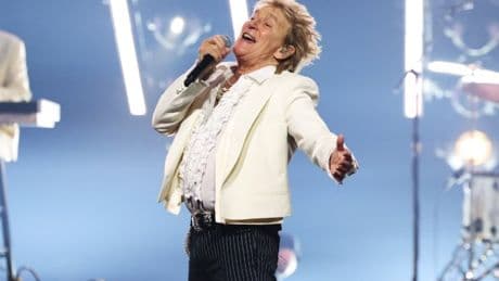 What time is Sir Rod Stewart playing at Glastonbury today and who are his guests?
