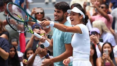 Game to love! Emma Raducanu and Carlos Alcaraz hit the court for long-awaited US Open mixed doubles pairing in $1m tournament amid relationship rumours