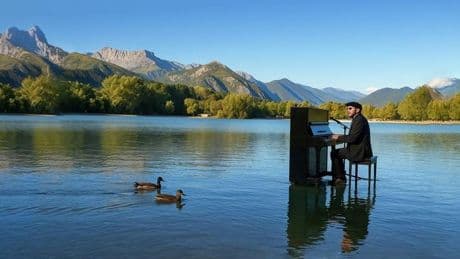 El pianista que flota por el embalse de Legutio al son de música cubana
