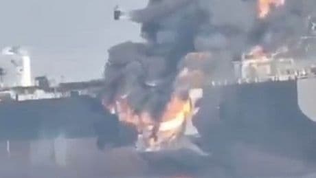 Huge flames leap from cargo ship as ‘dark fleet’ tanker burns after crash in sea