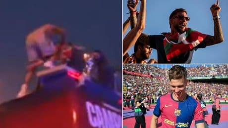 Barcelona star suffers heavy FALL on party bus roof during LaLiga title celebrations - and takes a Man City target down with him!
