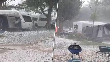 Beelden: vakantiegangers overvallen door bizarre hagelbui op Franse camping