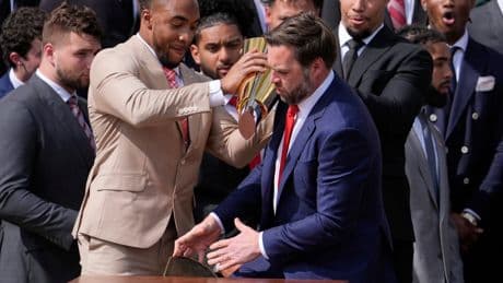 Watch: JD Vance fumbles American football team's championship trophy during White House visit