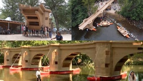 El pueblo burgalés de Covarrubias resucita con la unión vecinal y mucho cartón su puente medieval