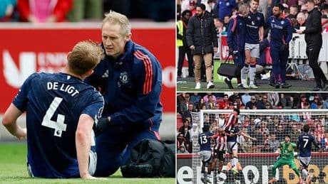 Man United defender Matthijs de Ligt suffers injury in build-up to Brentford goal as play continues despite his struggles