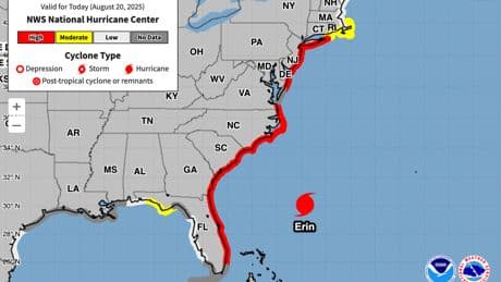 Hurricane Erin mapped: Tracking areas most likely to see the impacts of storm surge and 20-foot waves