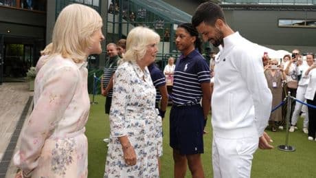 Queen Camilla speaks with Novak Djokovic ahead of Wimbledon quarter-final clash