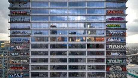 Graffiti-tarnished towers in downtown L.A. remain in limbo