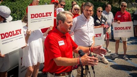 Gov. Brian Kemp endorses former football coach Derek Dooley outside Georgia stadium for 2026 US Senate bid