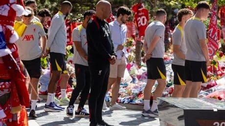 Diogo Jota's wife and Liverpool players visit sea of tributes laid outside Anfield