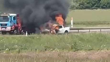 Flames erupt from pickup truck as M90 closed in both directions