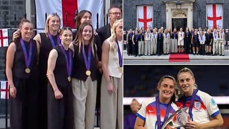 Moment Alessia Russo playfully tries to put off Ella Toone during Lioness photo as the childhood best friends get red carpet treatment at Downing Street