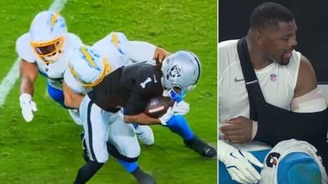 Gruesome footage of Chargers star Khalil Mack's elbow injury emerges as he leaves Raiders game in sling