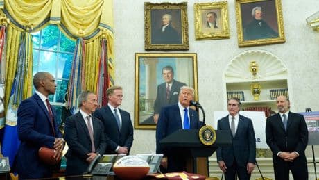 Trump celebrates with NFL commissioner Roger Goodell to announce the 2027 NFL draft in DC