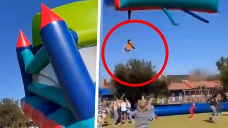 Paniek: kinderen metershoog de lucht in door wegwaaiend springkussen