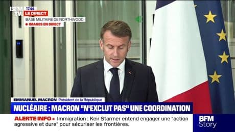 "Nous avons acté une coopération de défense accrue dans les domaines de l'intelligence artificielle, de l'espace, du cyber (...) à une époque où nos deux pays font l'objet de menaces hybrides", déclare Emmanuel Macron depuis le Royaume-Uni
