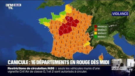 Canicule: 16 départements placés en vigilance rouge par Météo France à partir de midi