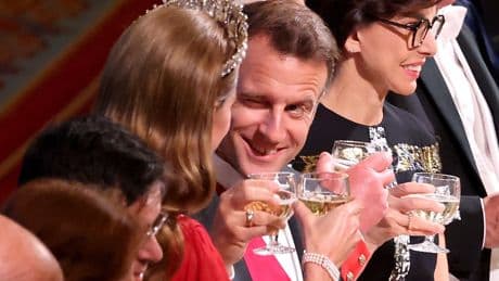 Winking Macron clinks glasses with royals at dazzling Windsor Castle state banquet