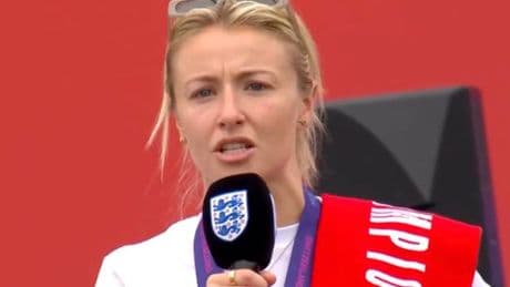 Leah Williamson chokes back tears in emotional speech as Lionesses celebrate with 50,000 fans