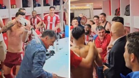 Mendilibar gana su primera liga en Grecia y sus jugadores le bañan en champán