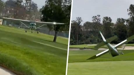 Vliegtuig maakt op spectaculaire wijze een noodlanding op golfbaan