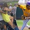 Son begs his mom to stop trying to fight fellow LSU fan in embarrassing College World Series viral clip