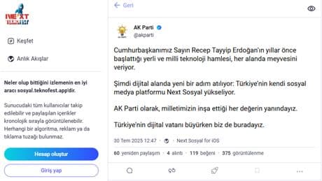 AK Parti, Next Sosyal'de! İlk paylaşımda 'dijital vatan' vurgusu