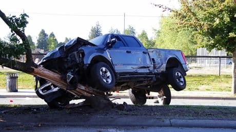 Dramatic crash in Cloverdale as pickup truck wraps around tree