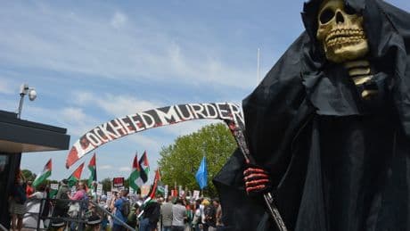 Pro-Palestine protesters demonstrate against supply of F-35 parts to Israel