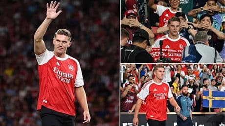 Viktor Gyokeres is unveiled on the pitch ahead of Arsenal's pre-season friendly with Newcastle in Singapore after finally sealing £64m move